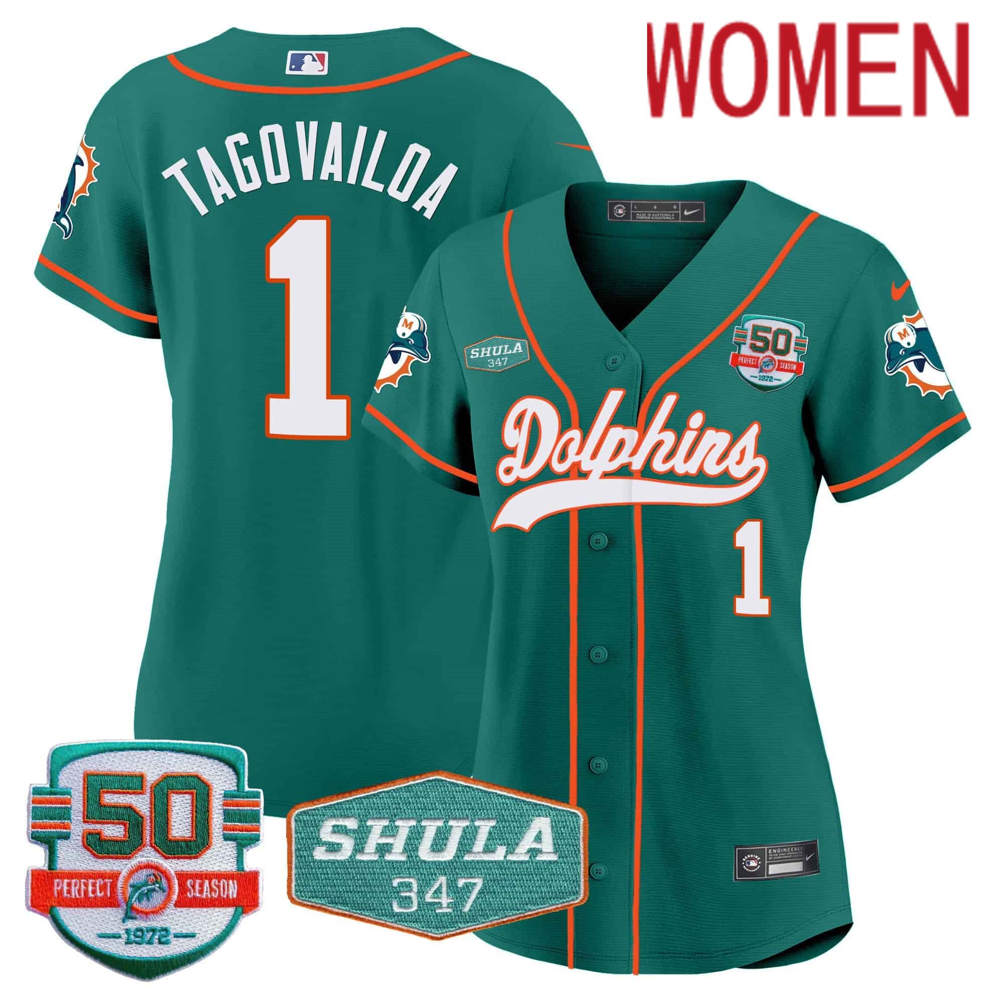 Women Miami Dolphins #1 Tagovailoa Green 2024 Nike 50th Don Shula Memorial Patch Baseball NFL Jersey style 1
